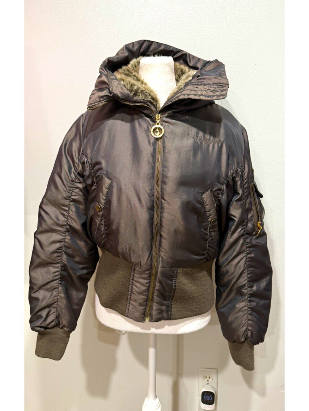 Baby Phat Goddess Women's XL Green Hooded Bomber Jacket Faux Fur Trim Full Zip